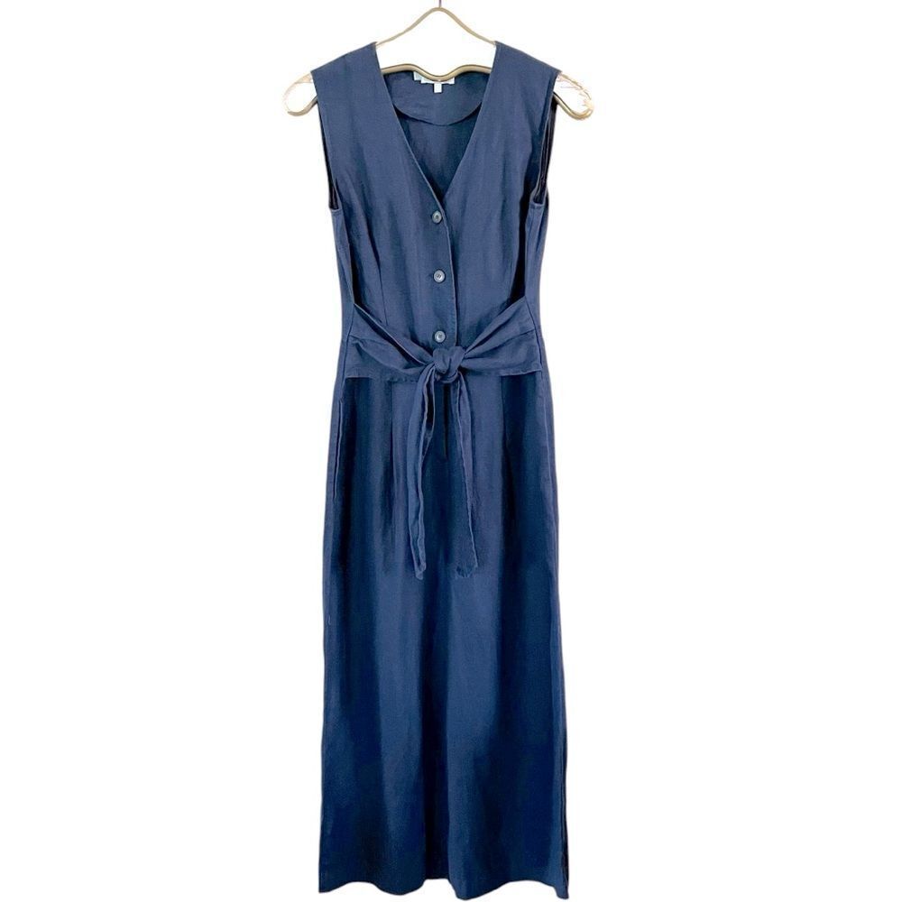 Hobbs Lindie Navy Blue Linen Tie Waist Jumpsuit